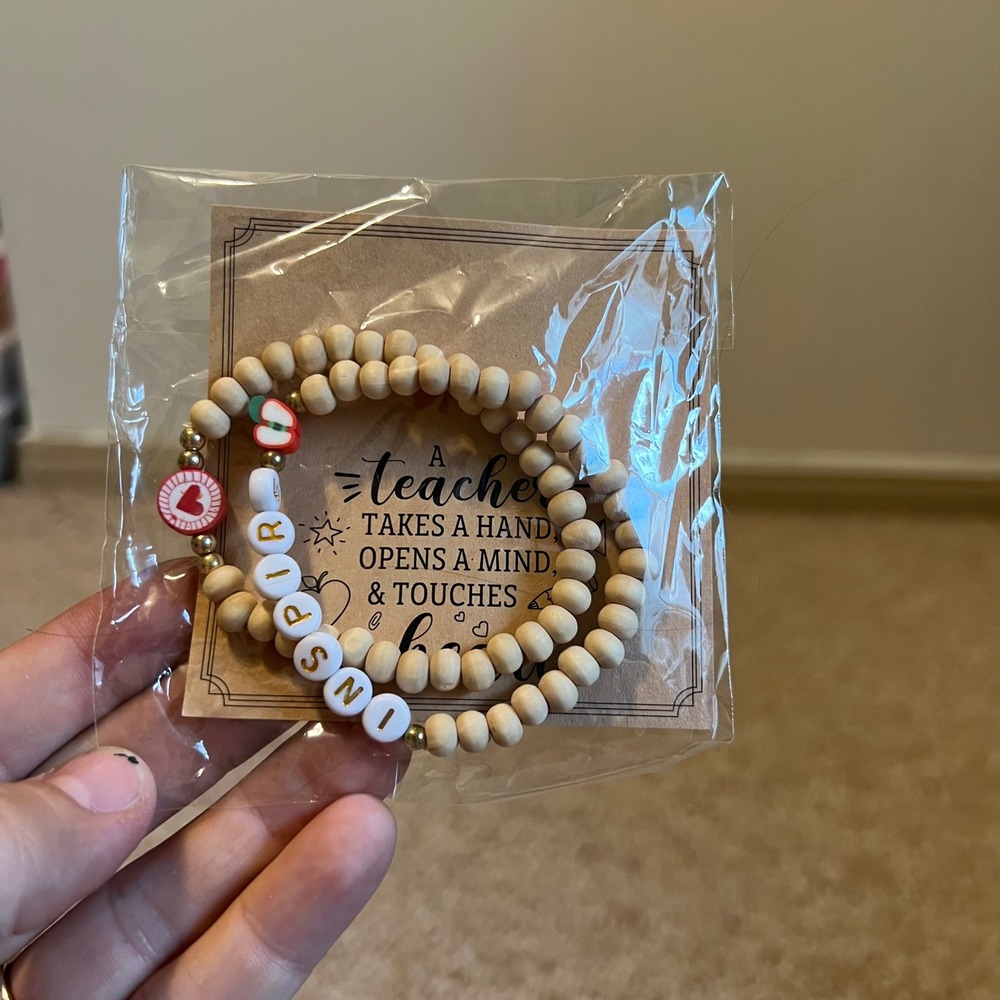 Teacher Inspire Wood Bead Bracelet Set Natural Wood Elastic Stretch Gift New
